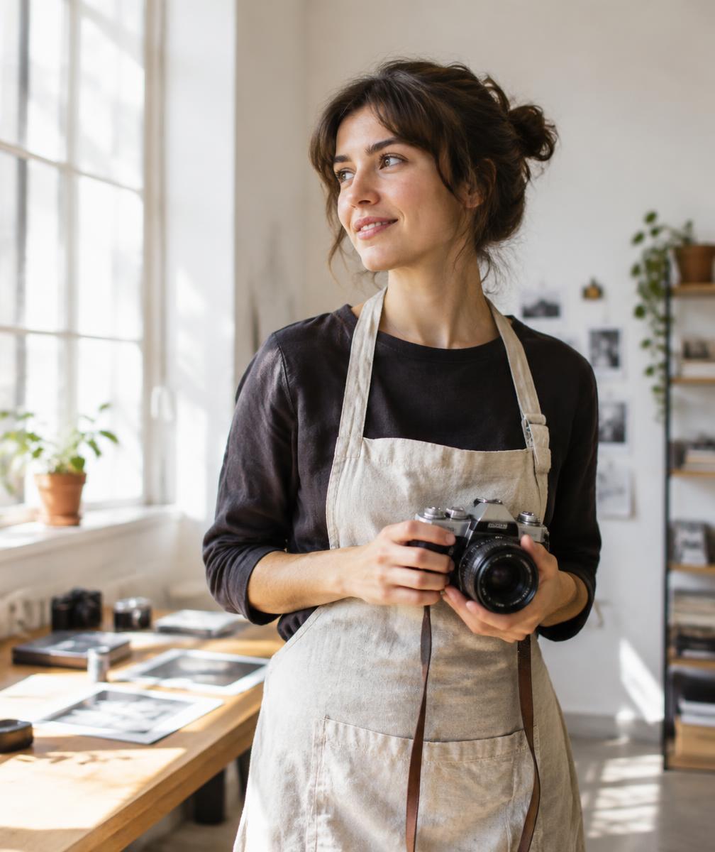 Allie in her studio holding a film camera