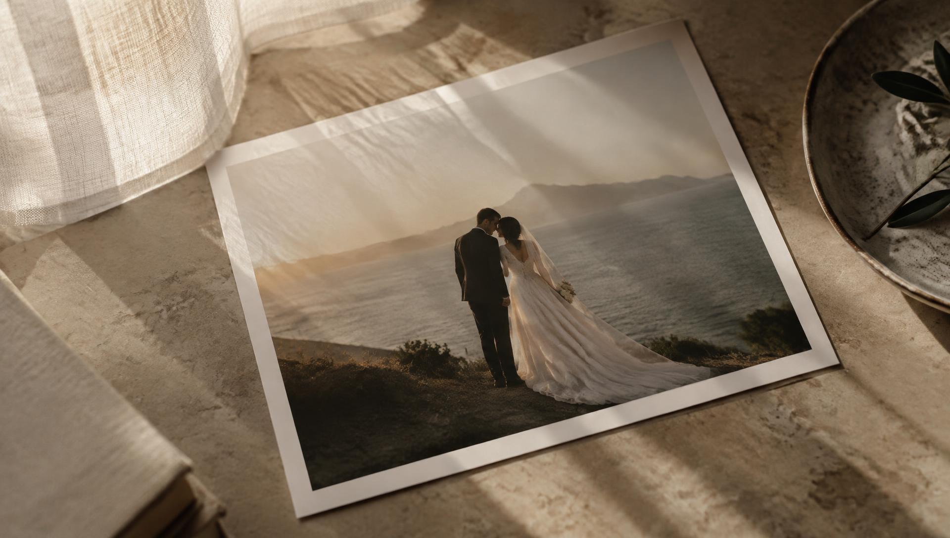 An archival wedding print resting on a linen-lit table